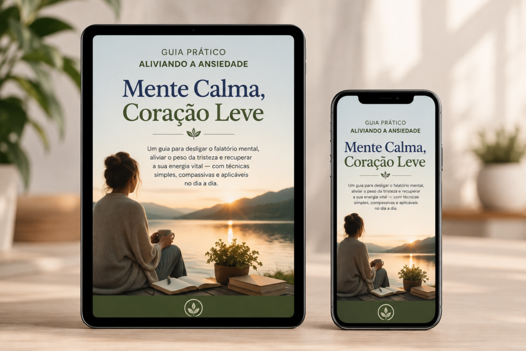 Mockup do Guia Mente Calma, Coração Leve exibido no Tablet e no Celular