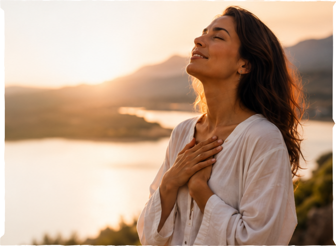 Mulher respirando com tranquilidade e leveza ao ar livre